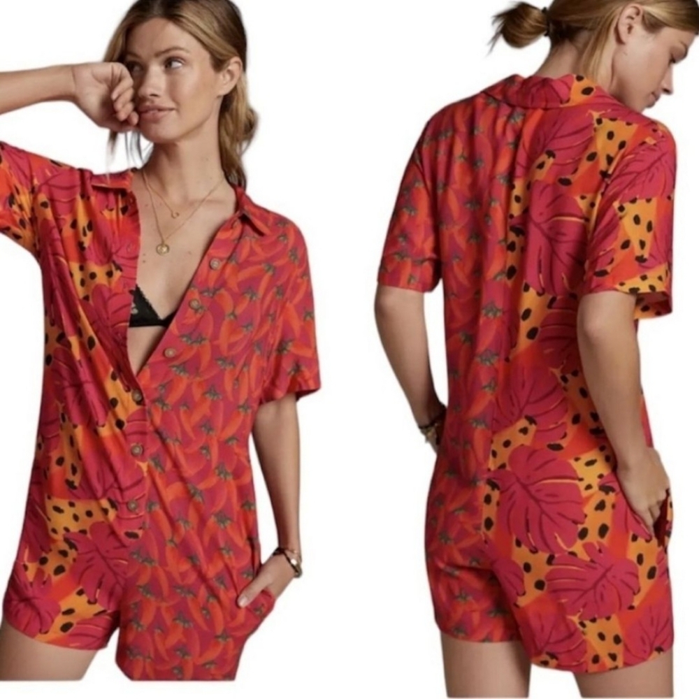 NWT FARM Rio Anthropologie Hot Chili Peppers and Palm Leaves Banana Romper XL